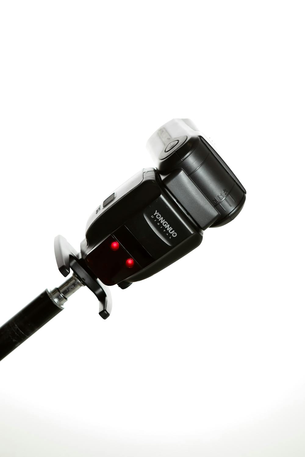 Camera with external flash unit set up for portrait photography