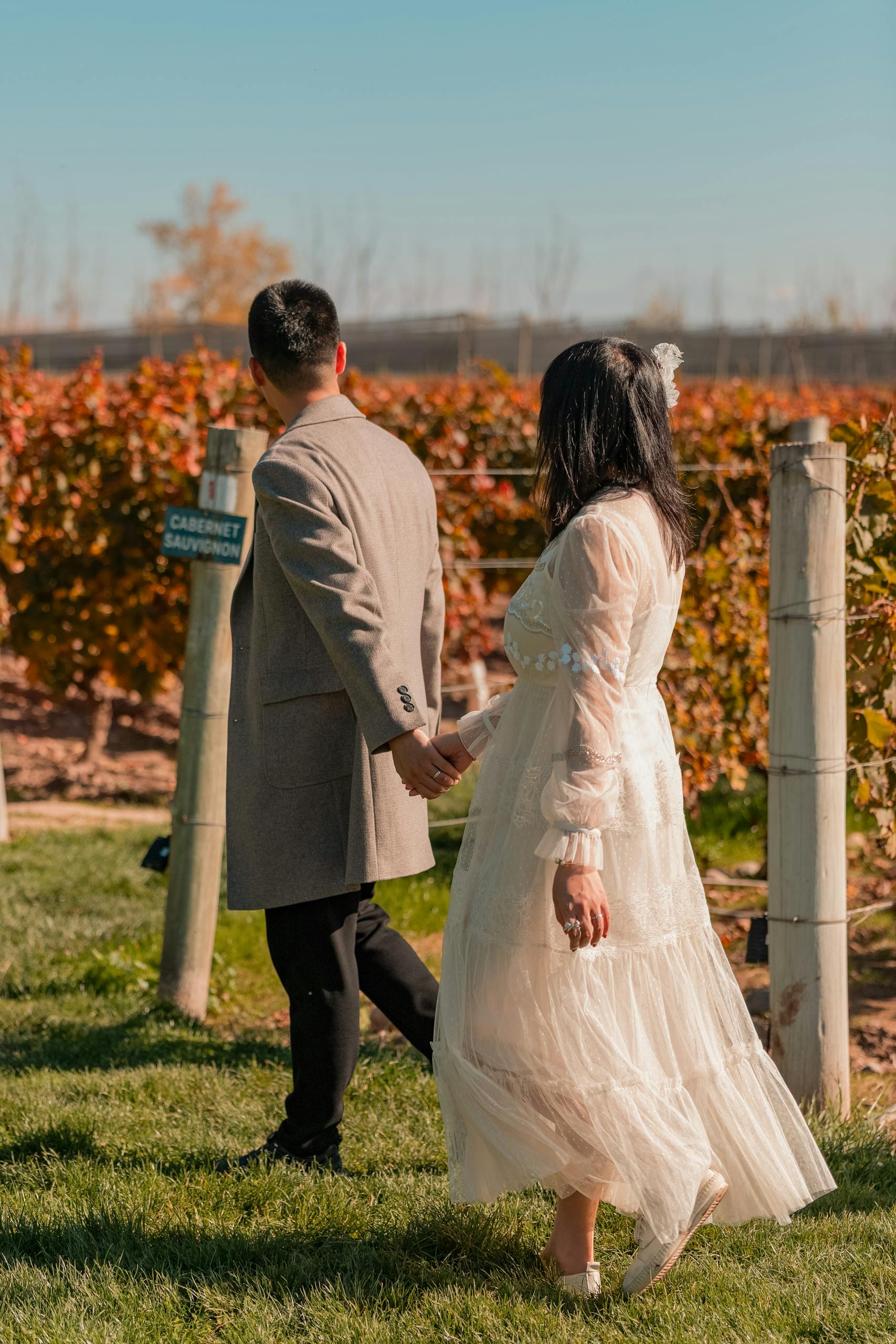 Couple walking through an autumn vineyard at a fall wedding, woman in elegant beige wedding guest outfit
