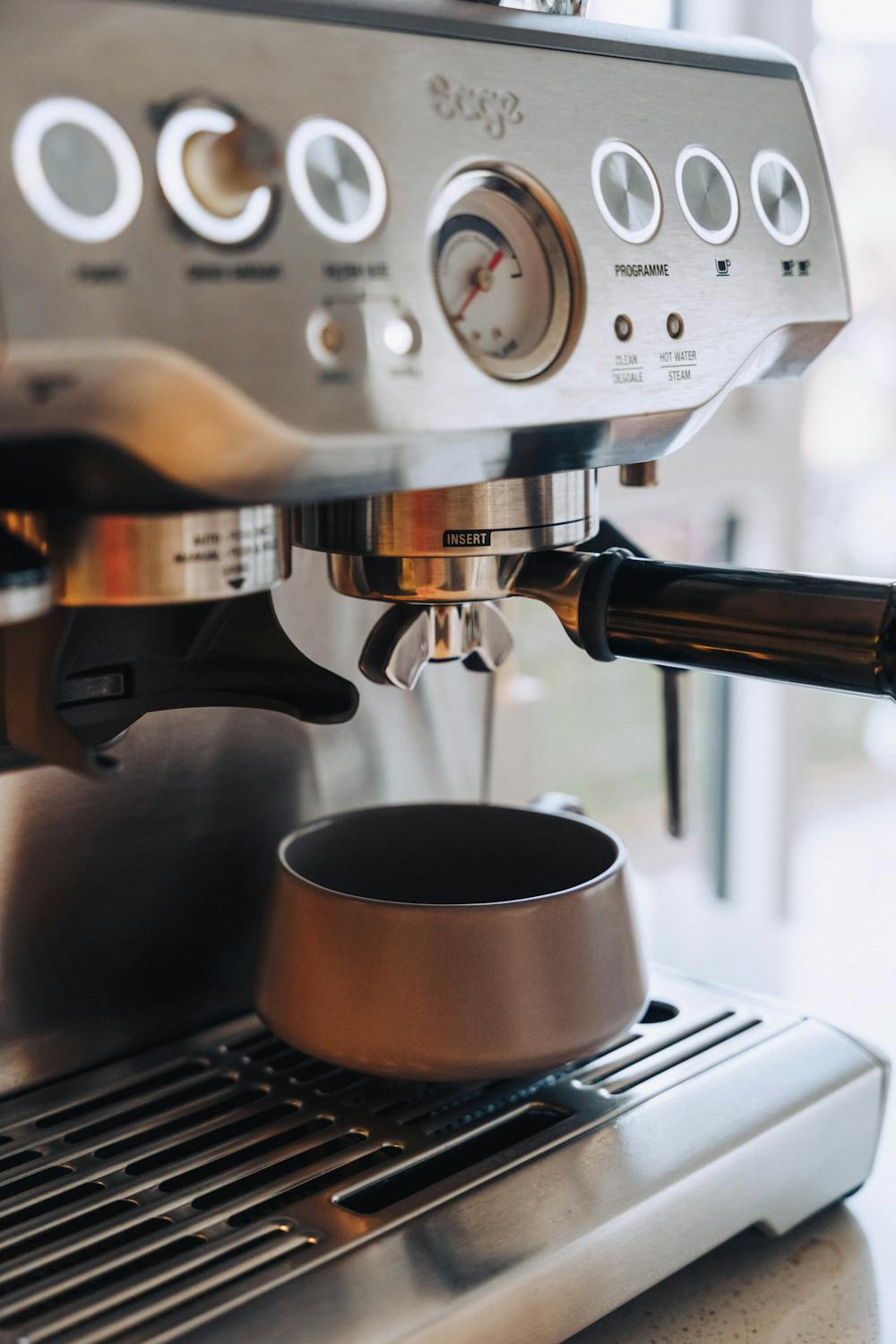 Espresso shot being pulled from a home espresso machine