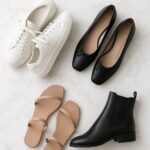 Minimalist shoes flatlay on white marble featuring white leather sneakers, black ballet flats with bow detail, nude strappy sandals, and black Chelsea ankle boot