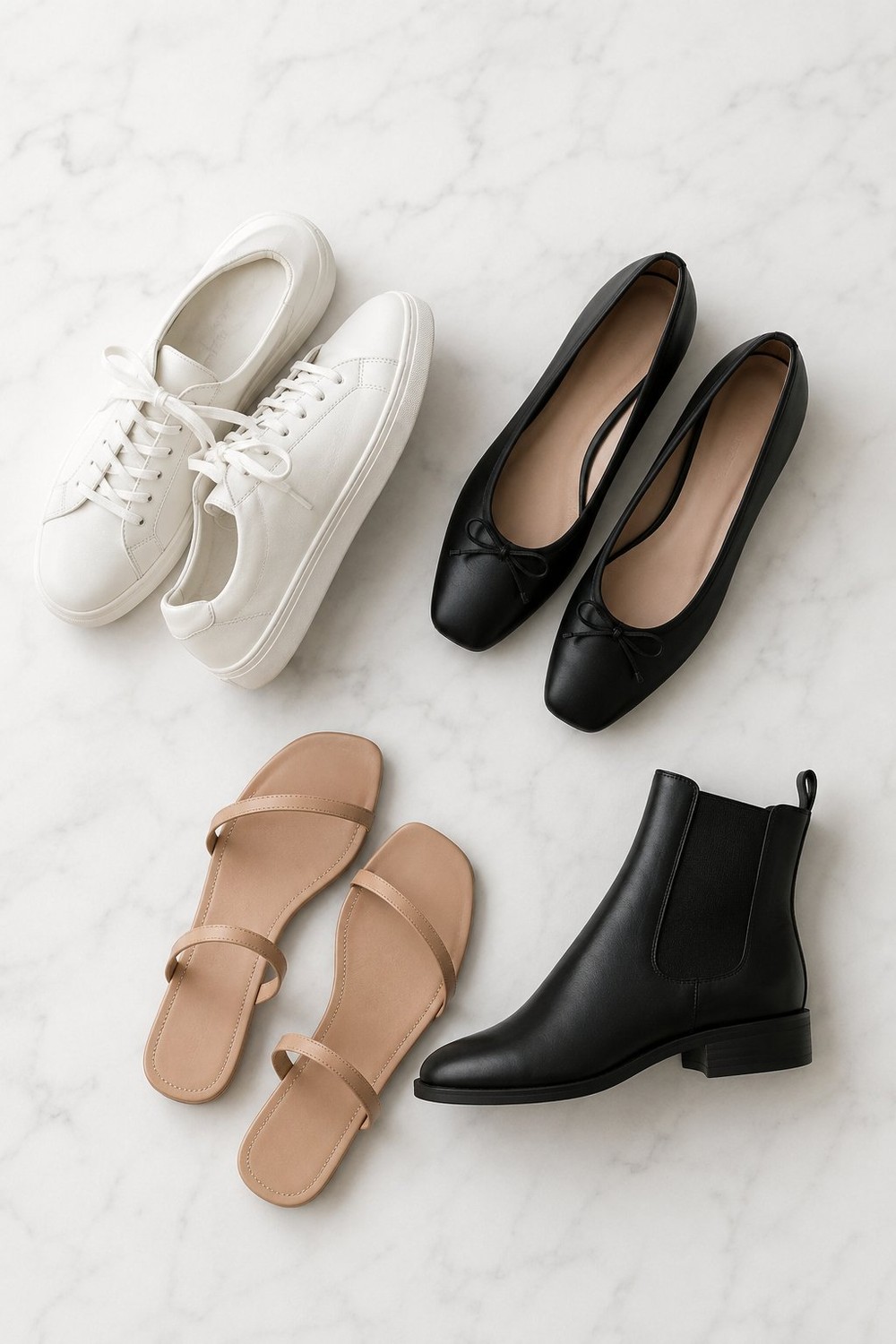 Minimalist shoes flatlay on white marble featuring white leather sneakers, black ballet flats with bow detail, nude strappy sandals, and black Chelsea ankle boot