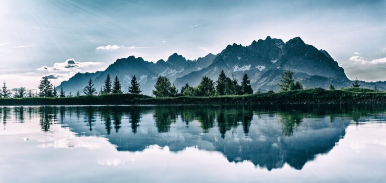 Alpine mountain lake with stunning reflection of snow-capped peaks in Rocky Mountain National Park Colorado